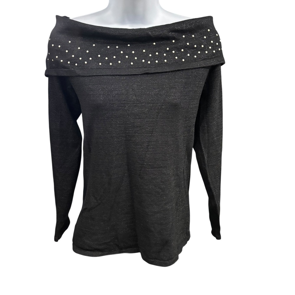 Sparkle Off Shoulder Long Sleeve Top Rhinestone Studded Dressy‎ Black Knit